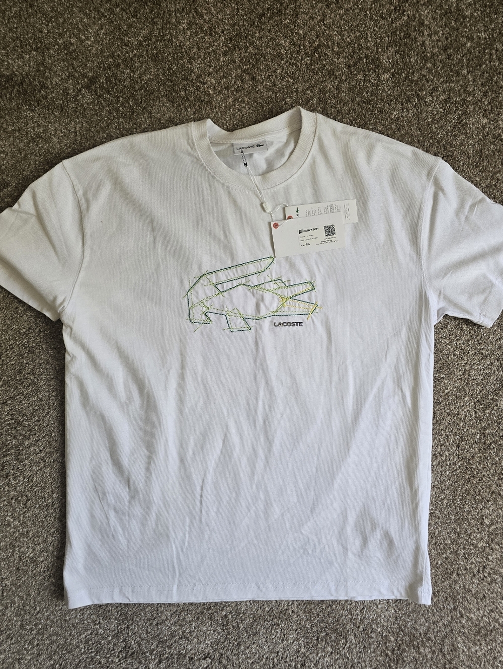 Lacoste White Tee with Green and Yellow Croc Stitching
